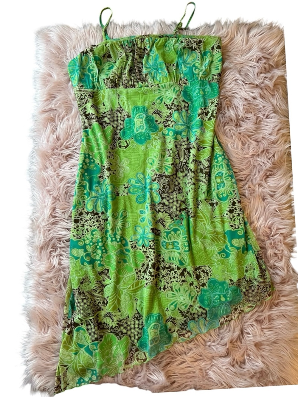 y2k Green Floral Asymmetrical Midi Dress with Teal Accents Plus Size Fairycore
